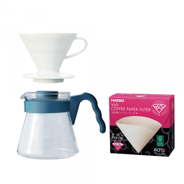 V60手沖咖啡壺組 700ml  (V60白色樹脂濾杯1~4杯+吳須色咖啡壺+濾紙+量匙)